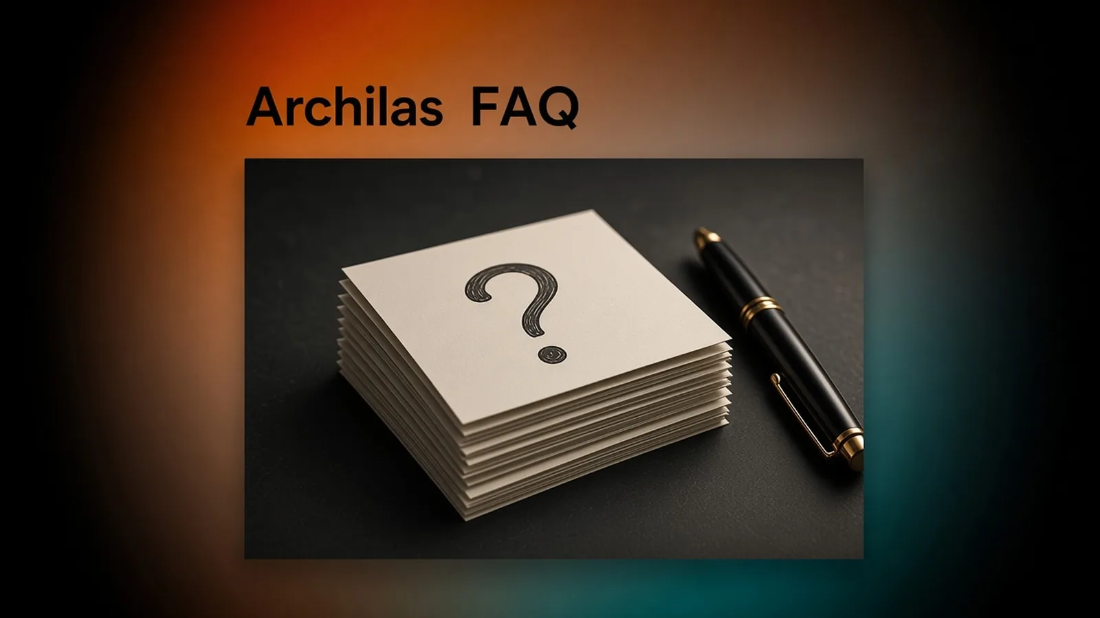 A neat stack of index cards with question marks and a pen on a desk