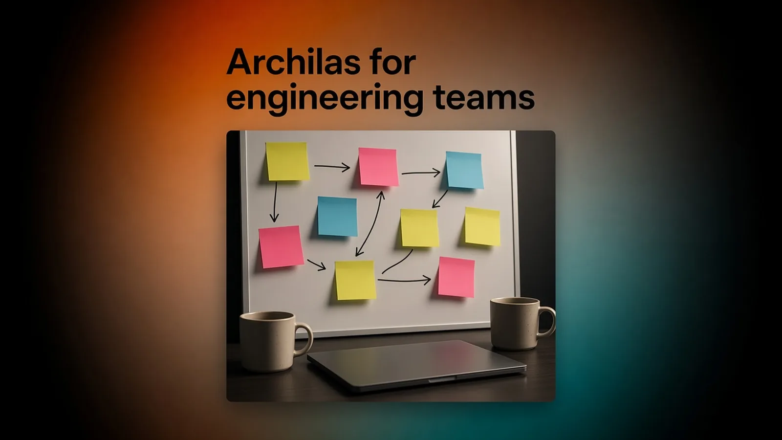 A team of engineers around a shared whiteboard with dated sticky notes and a laptop