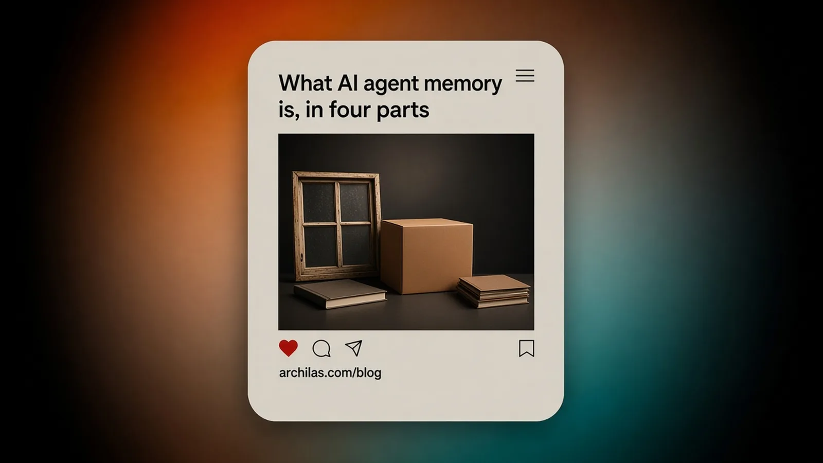 Four objects in a row on a dark table, standing for the parts of agent memory
